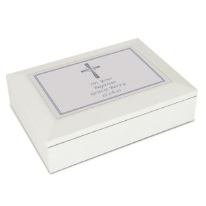 
                            Personalised Silver Cross White Wooden Keepsake Box