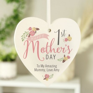 
                            Personalised Floral Bouquet 1st Mothers Day Wooden Heart Decoration