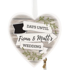 
                            Personalised White Arrow Banner Chalk Countdown Wooden Heart Decoration