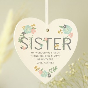 
                            Personalised Sister Floral Wooden Heart Decoration
