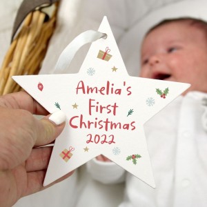 
                            Personalised First Christmas Wooden Star Decoration