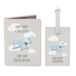 
                            Personalised Blue Plane Passport Holder & Luggage Tag Set