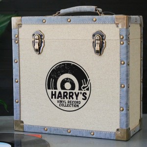 Personalised 12 Inch Vinyl Record Storage Box - Cream Cloth with Grey Leather Trim - Half Record Sticker