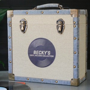 
                            Personalised 12 Inch Vinyl Record Storage Box - Cream Cloth with Grey Leather Trim - Record Sticker