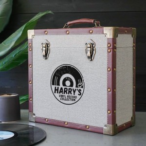 
                            Personalised 12 Inch Vinyl Record Storage Box - Grey Cloth with Brown Leather Trim - Half Record Sticker