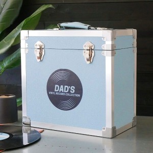 
                            Personalised 12 Inch Vinyl Record Storage Box - Light Blue Leather effect with Metal Trim - Record Sticker
