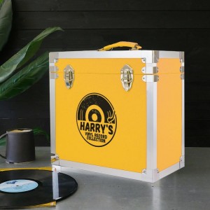 
                            Personalised 12 Inch Vinyl Record Storage Box - Yellow Leather effect with Metal Trim - Half Record Sticker