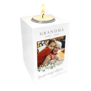 
                            Personalised Memorial Floral White Wooden Photo Tea Light Holder - Large Type
