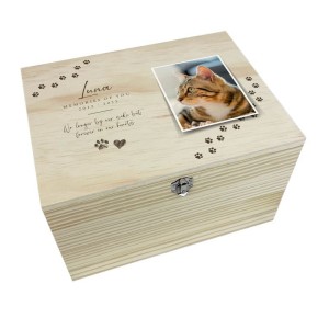
                            Personalised Paw Prints Pine Wooden Pet Memorial Photo Memory Box - 36cm 