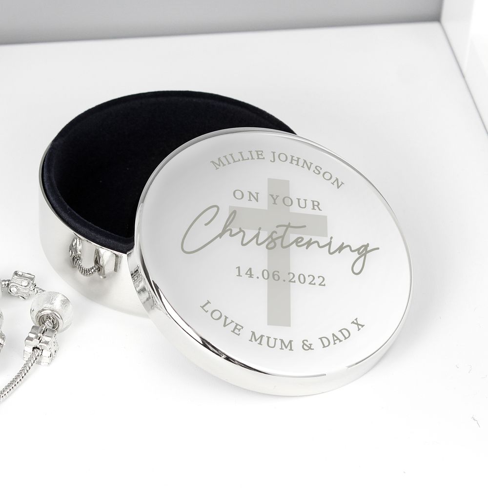Personalised Christening Round Trinket Box Personalised Christening Round Trinket Box