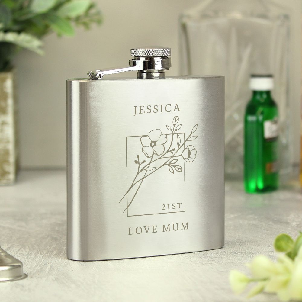 Personalised Monochrome Floral Hip Flask Personalised Monochrome Floral Hip Flask