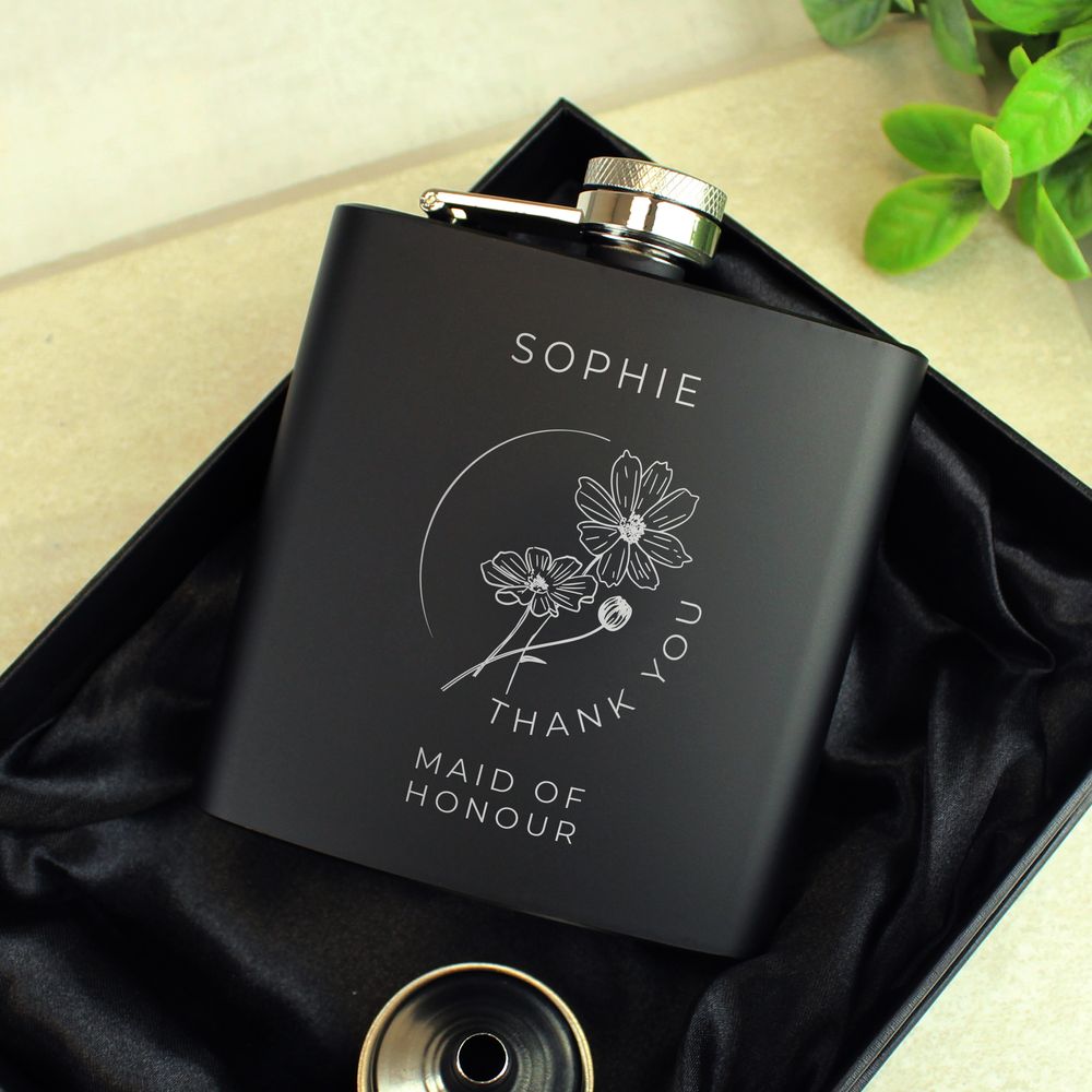 Personalised Monochrome Floral Wedding Party Black Hip Flask Personalised Monochrome Floral Wedding Party Black Hip Flask