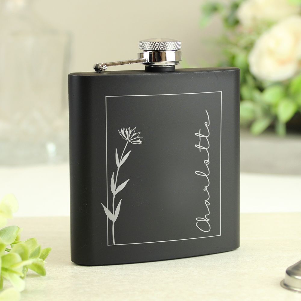 Personalised Monochrome Floral Name Black Hip Flask Personalised Monochrome Floral Name Black Hip Flask