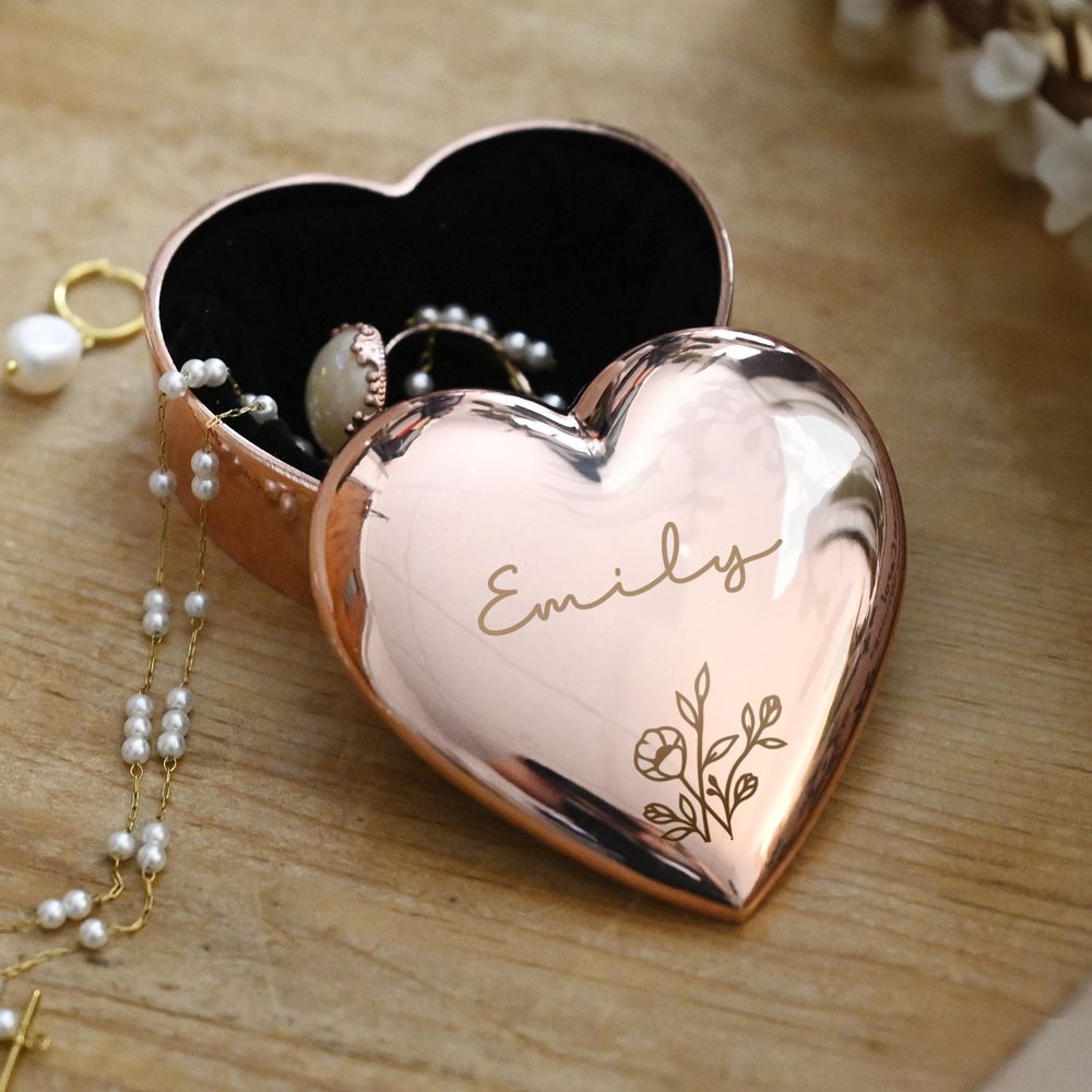 Personalised Floral Rose Gold Heart Trinket Box at Personalise.co.uk