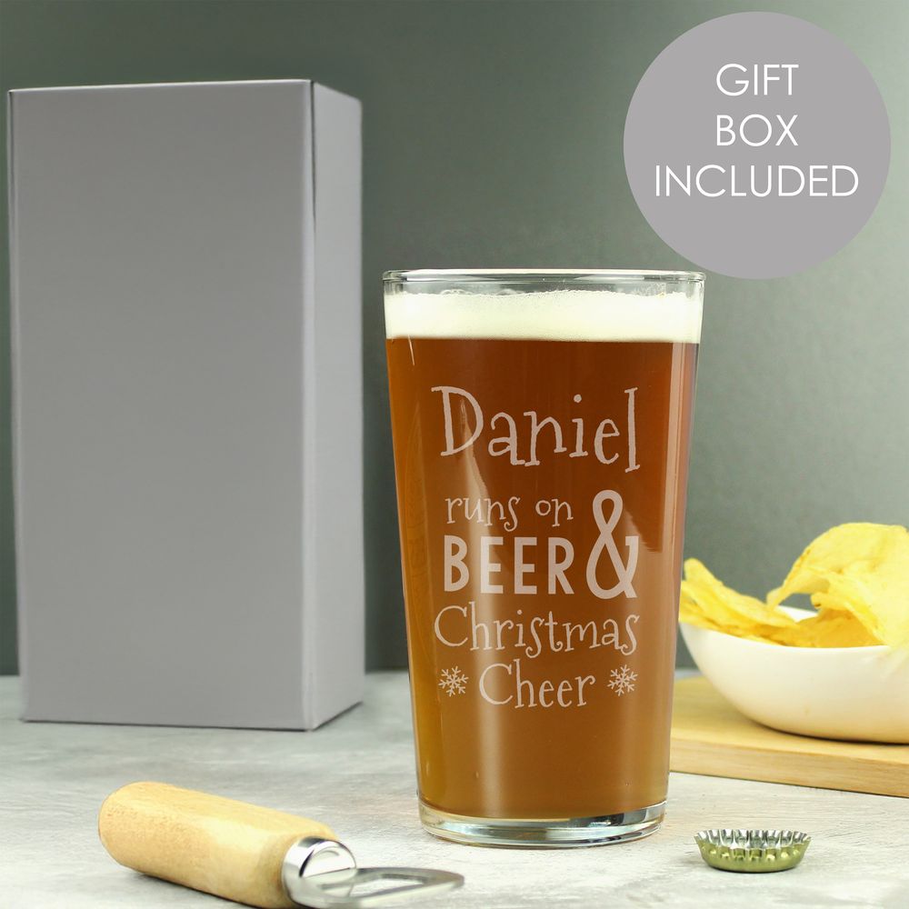 Personalised Runs On Beer & Christmas Cheer Pint Glass Personalised Runs On Beer & Christmas Cheer Pint Glass