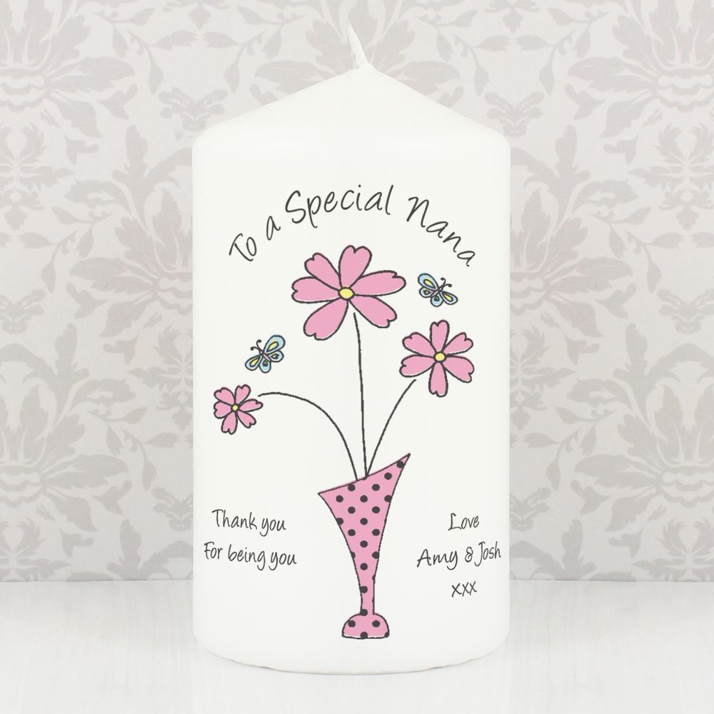 Personalised Flower in Vase Message Pillar Candle at Personalise.co.uk