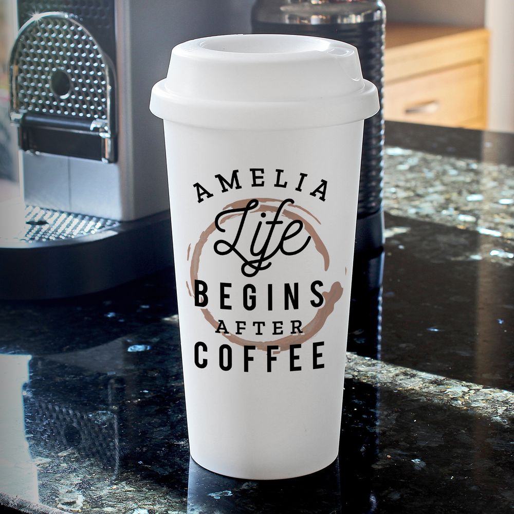 Personalised “Life Begins After Coffee” Insulated Reusable Eco Travel Cup Personalised “Life Begins After Coffee” Insulated Reusable Eco Travel Cup