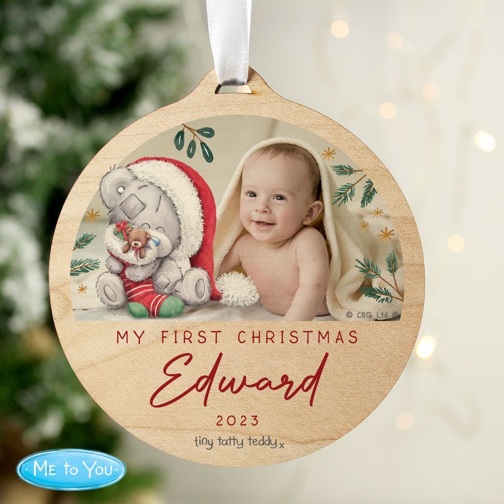 Personalised First Christmas Tiny Tatty Teddy Photo Upload Round Wooden Decoration from Personalise.co.uk