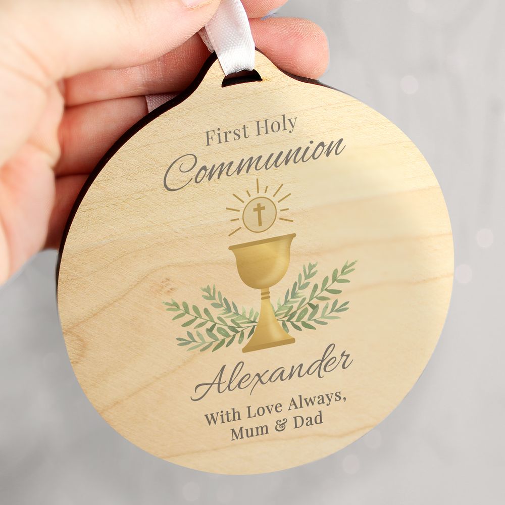 Personalised First Holy Communion Round Wooden Decoration from Personalise.co.uk