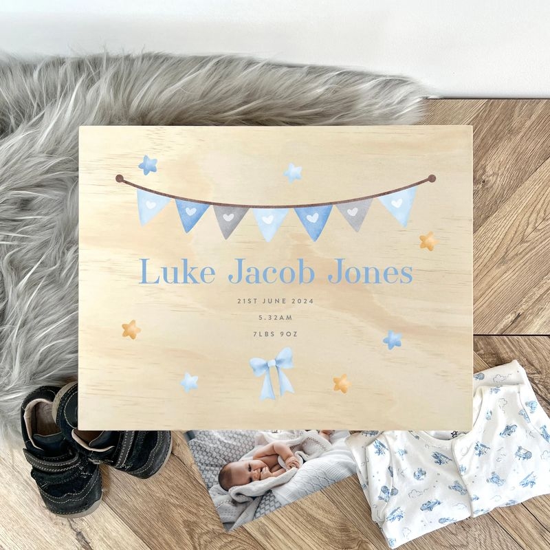 Personalised Blue Garland New Baby Keepsake Box - 36cm