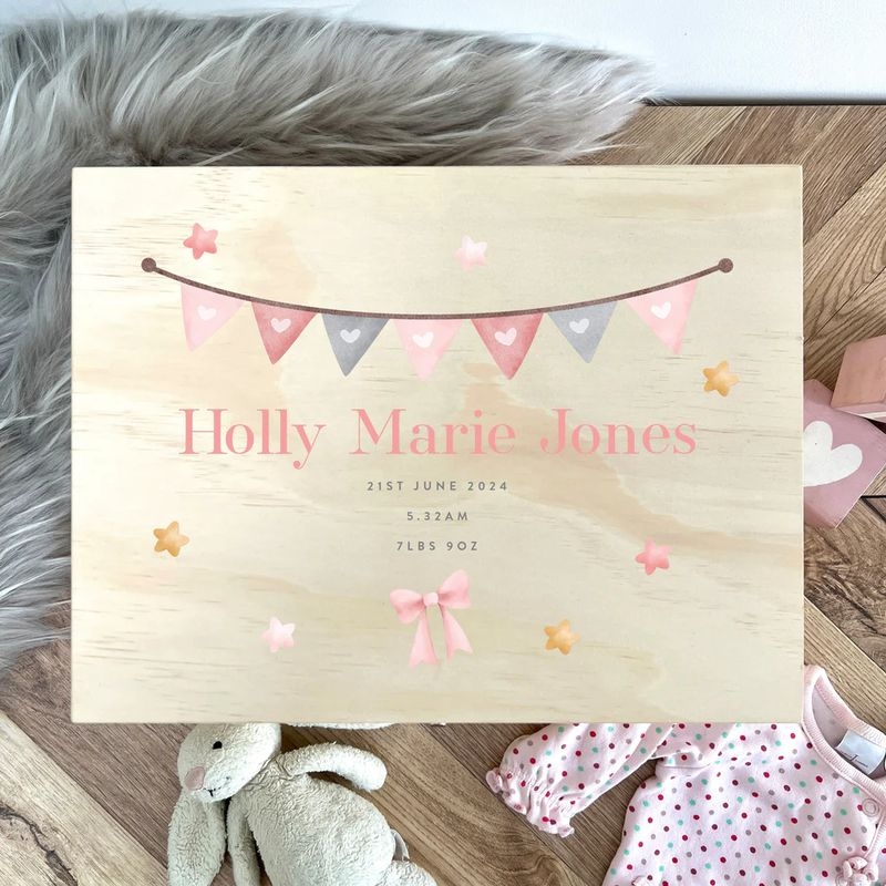 Personalised Pink Garland New Baby Keepsake Box - 26cm from Personalise.co.uk