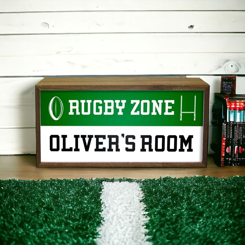 Personalised Wall Mountable Or Self Standing Wooden Light Box Sign – Rugby Zone Personalised Wall Mountable Or Self Standing Wooden Light Box Sign – Rugby Zone