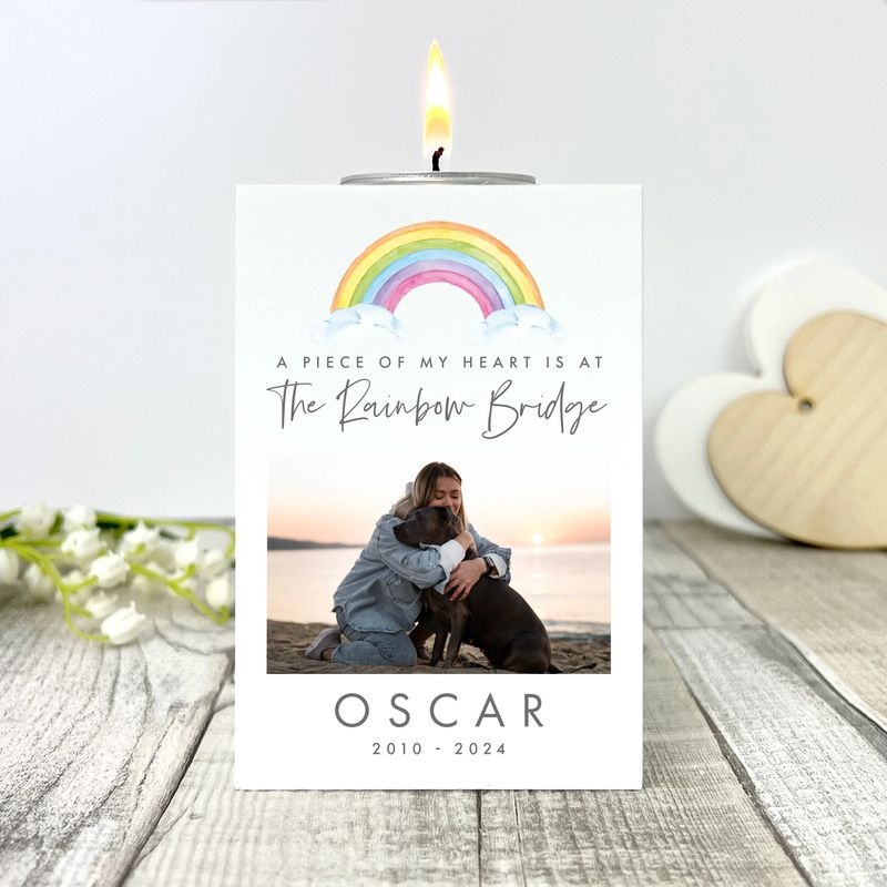 Personalised Water Colour Rainbow Pet Memorial Photo Tea Light Holder
